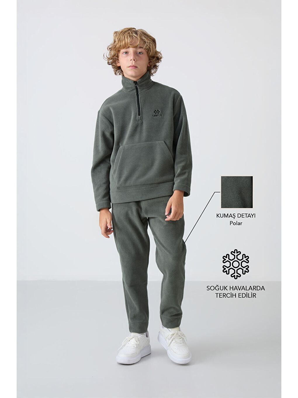 Haki Kalın Yumuşak Dokulu Standart Fit Nakışlı Polar Erkek Çocuk Eşofman Takım - 11218