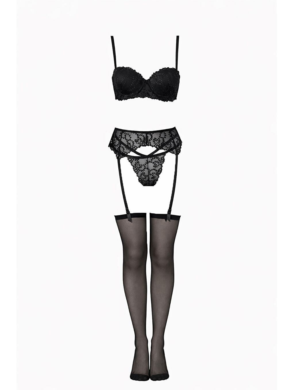 Siyah Ange Jartiyerli Straplez Destekli Sütyen String Takım