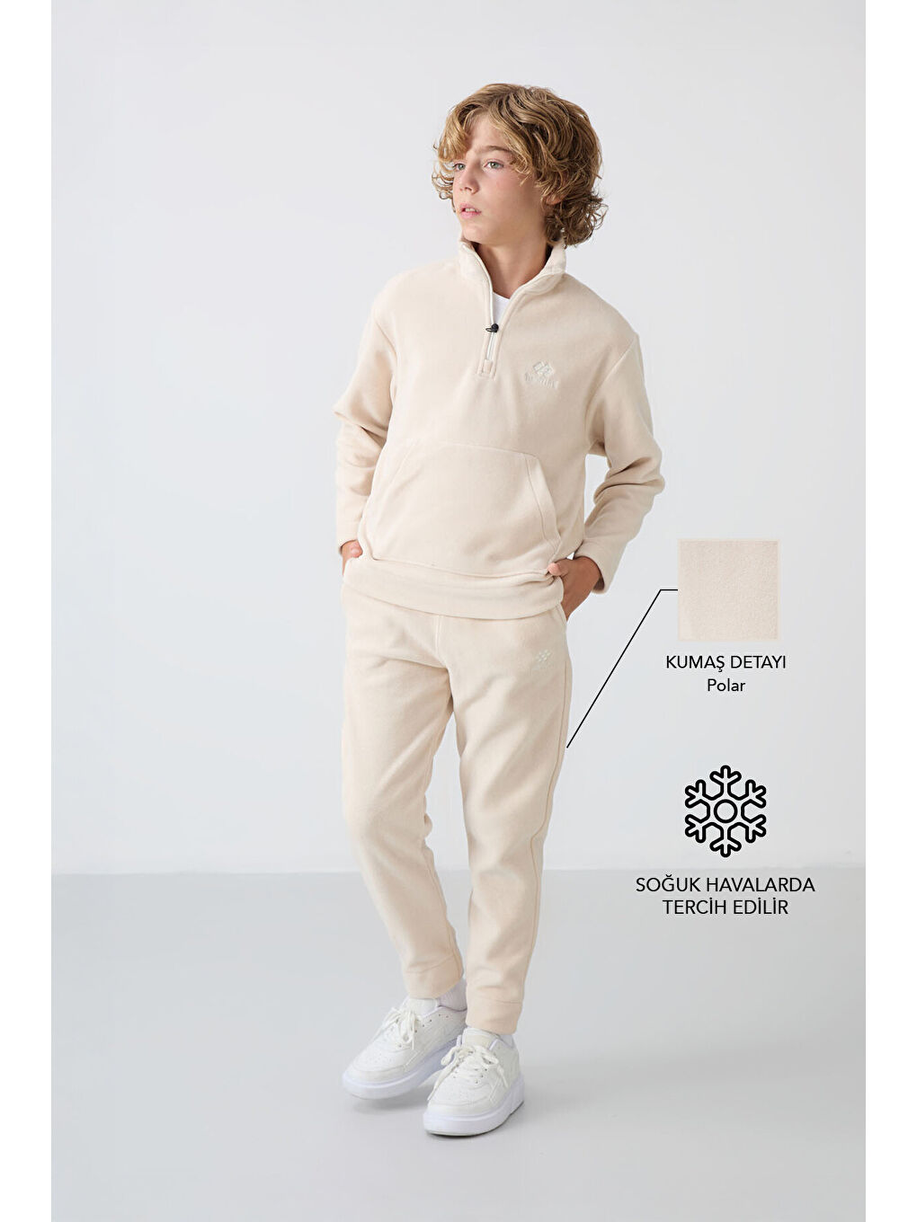 Bej Kalın Yumuşak Dokulu Standart Fit Nakışlı Polar Erkek Çocuk Eşofman Takım - 11218