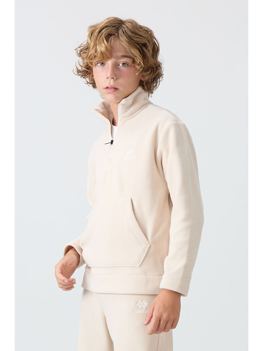 Bej Kalın Yumuşak Dokulu Standart Fit Nakışlı Polar Erkek Çocuk Eşofman Takım - 11218-3