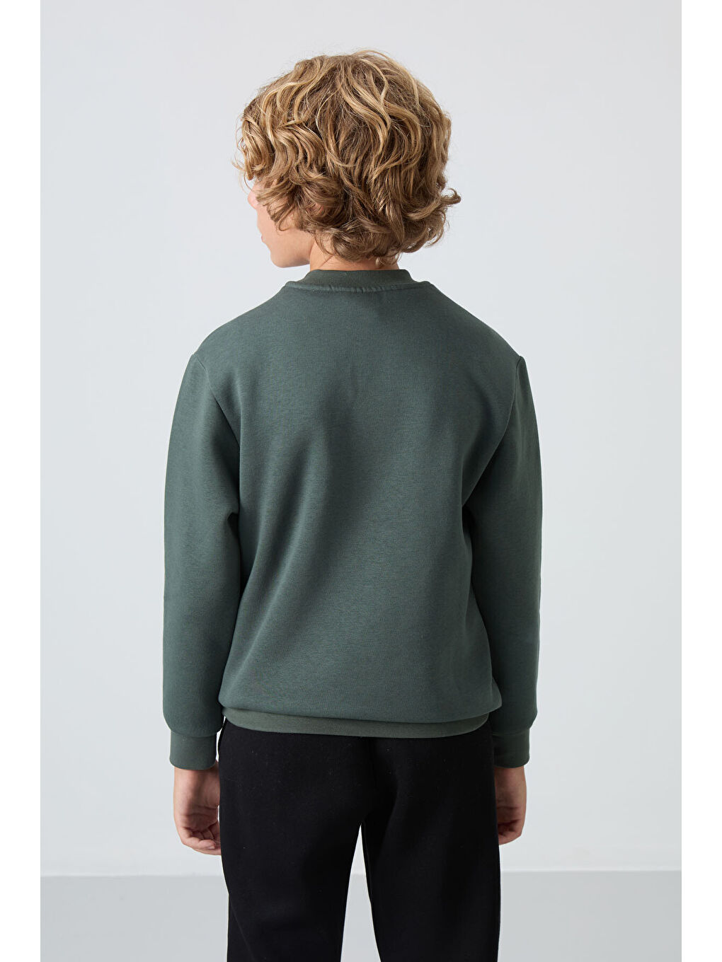 Haki Pamuklu Kalın İçi Tüylü Yumuşak Dokulu Standart Fit Baskılı Erkek Çocuk Sweatshirt - 11216-4