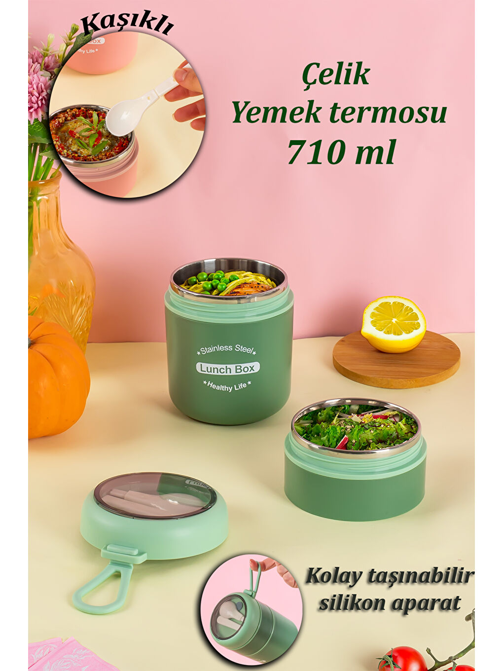 66720 Yemek Termosu Çelik Yemek Termosu Lunch Box Taşınabilir Yemek Kabı Termos 710ML - Yeşil