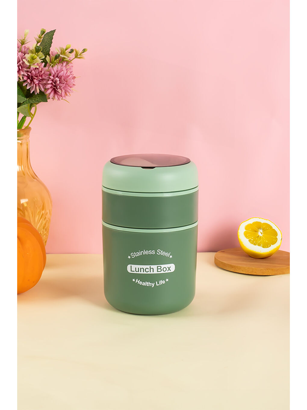 66720 Yemek Termosu Çelik Yemek Termosu Lunch Box Taşınabilir Yemek Kabı Termos 710ML - Yeşil-2