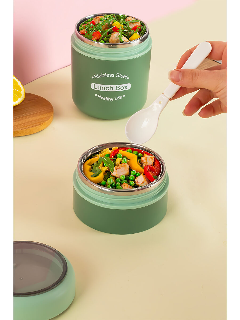 66720 Yemek Termosu Çelik Yemek Termosu Lunch Box Taşınabilir Yemek Kabı Termos 710ML - Yeşil-4