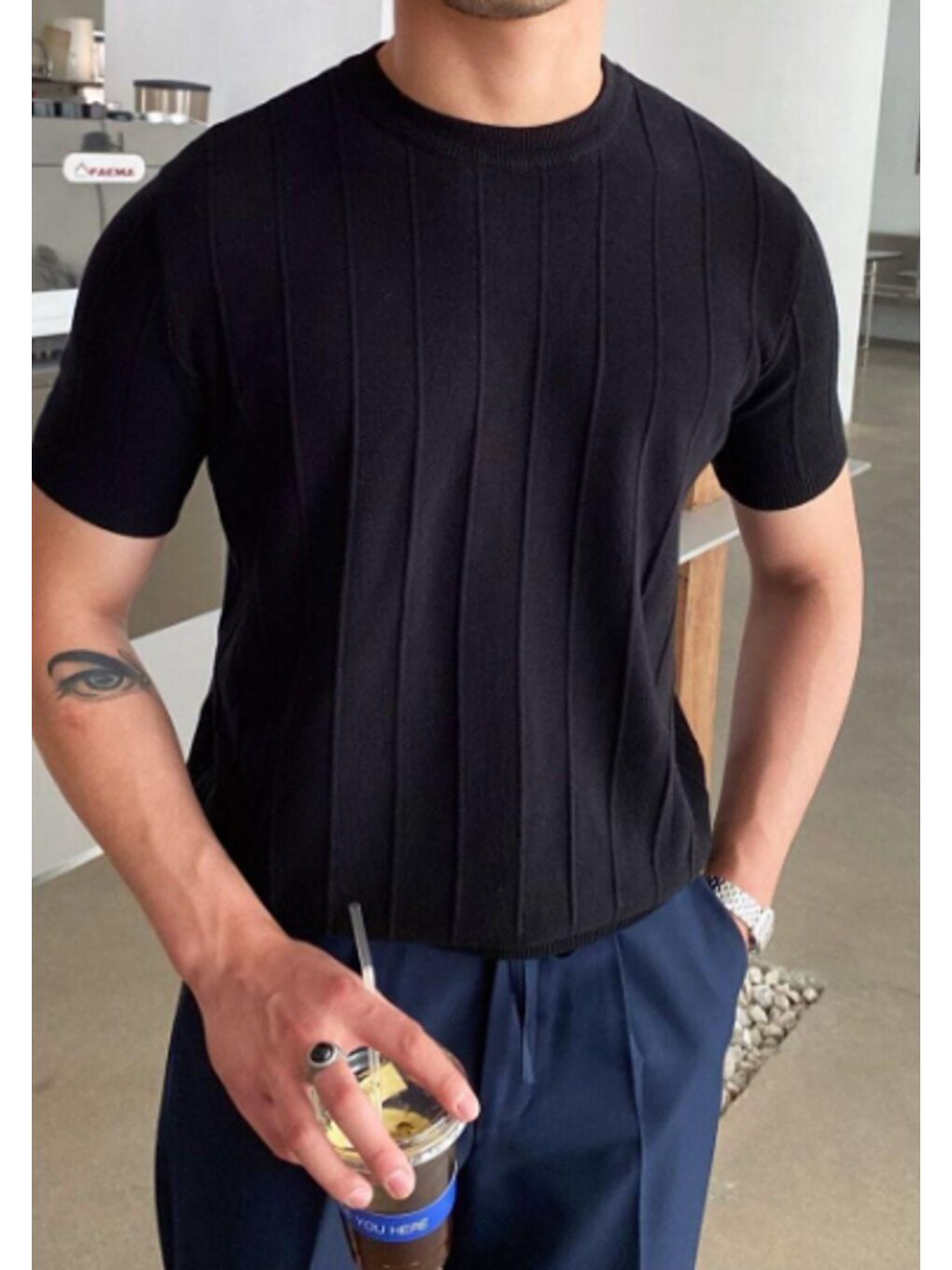 Siyah Erkek Bisiklet Yaka Çizgili Triko Tişört