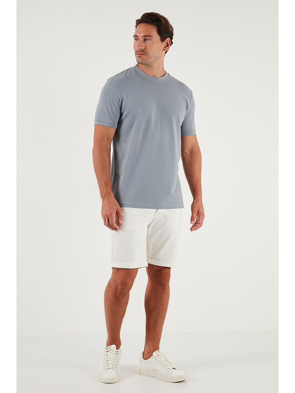 Gri Streç Pamuklu Slim Fit Sıfır Yaka Tişört 5902639-1