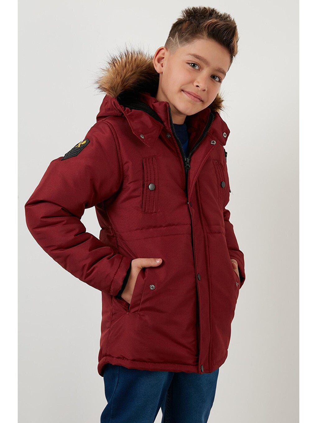 Bordo Yakası Suni Kürklü Peluş Astarlı Kapüşonlu Dar Kesim Mont 6031050-2