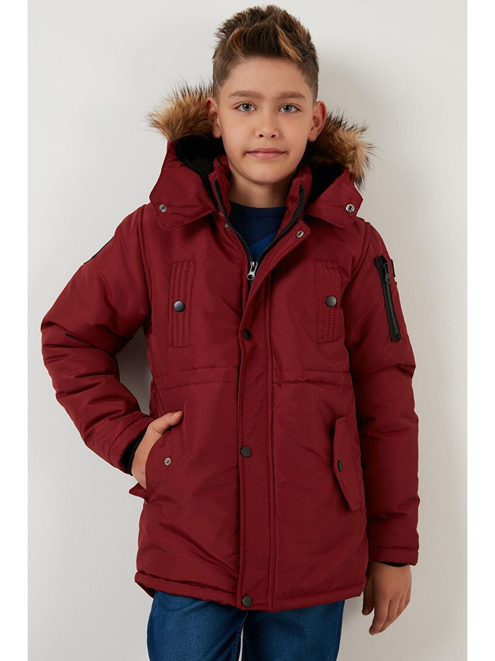 Bordo Yakası Suni Kürklü Peluş Astarlı Kapüşonlu Dar Kesim Mont 6031050-3