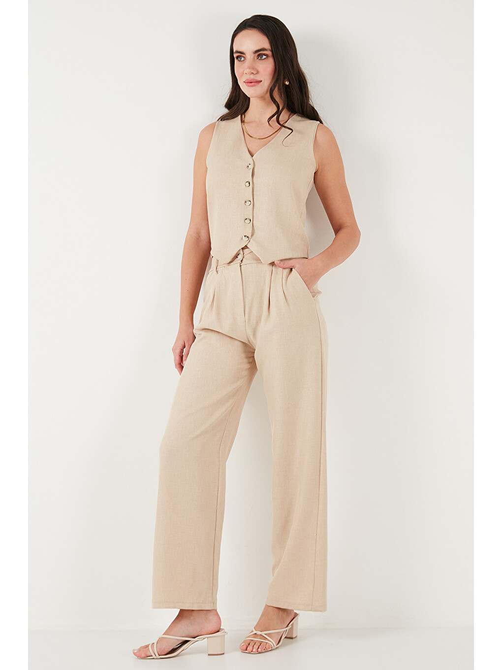 Bej Regular Fit Bol Paça Yelekli Takım 67045162s4-1