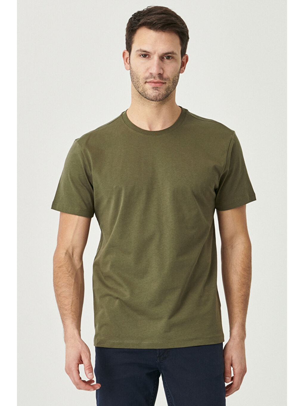 Erkek Haki Slim Fit Dar Kesim %100 Pamuk Bisiklet Yaka Kısa Kollu Tişört-3