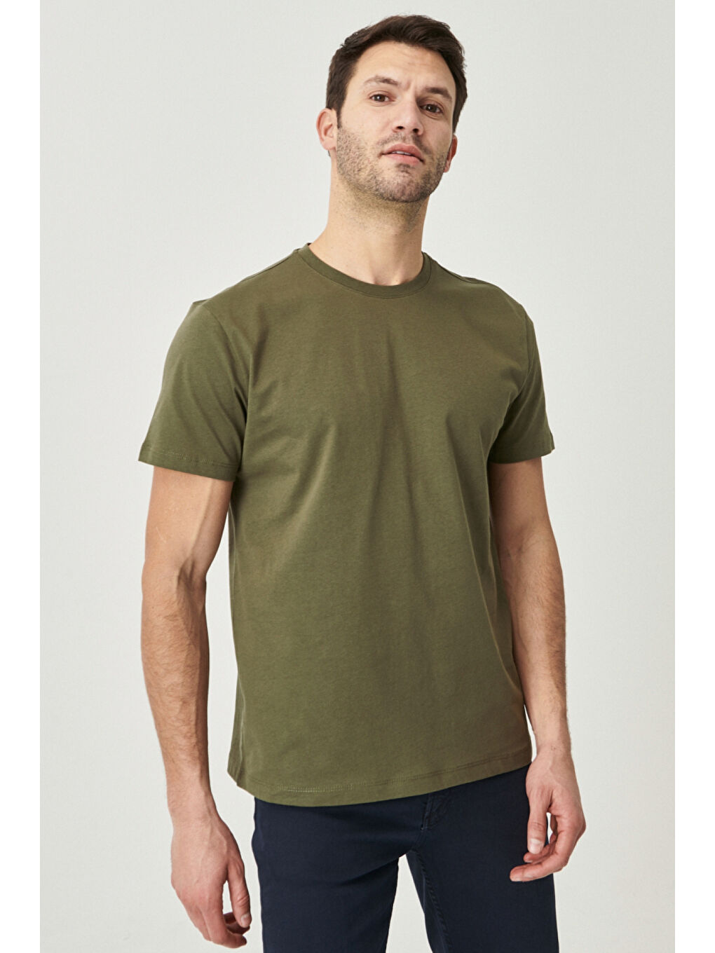 Erkek Haki Slim Fit Dar Kesim %100 Pamuk Bisiklet Yaka Kısa Kollu Tişört-5