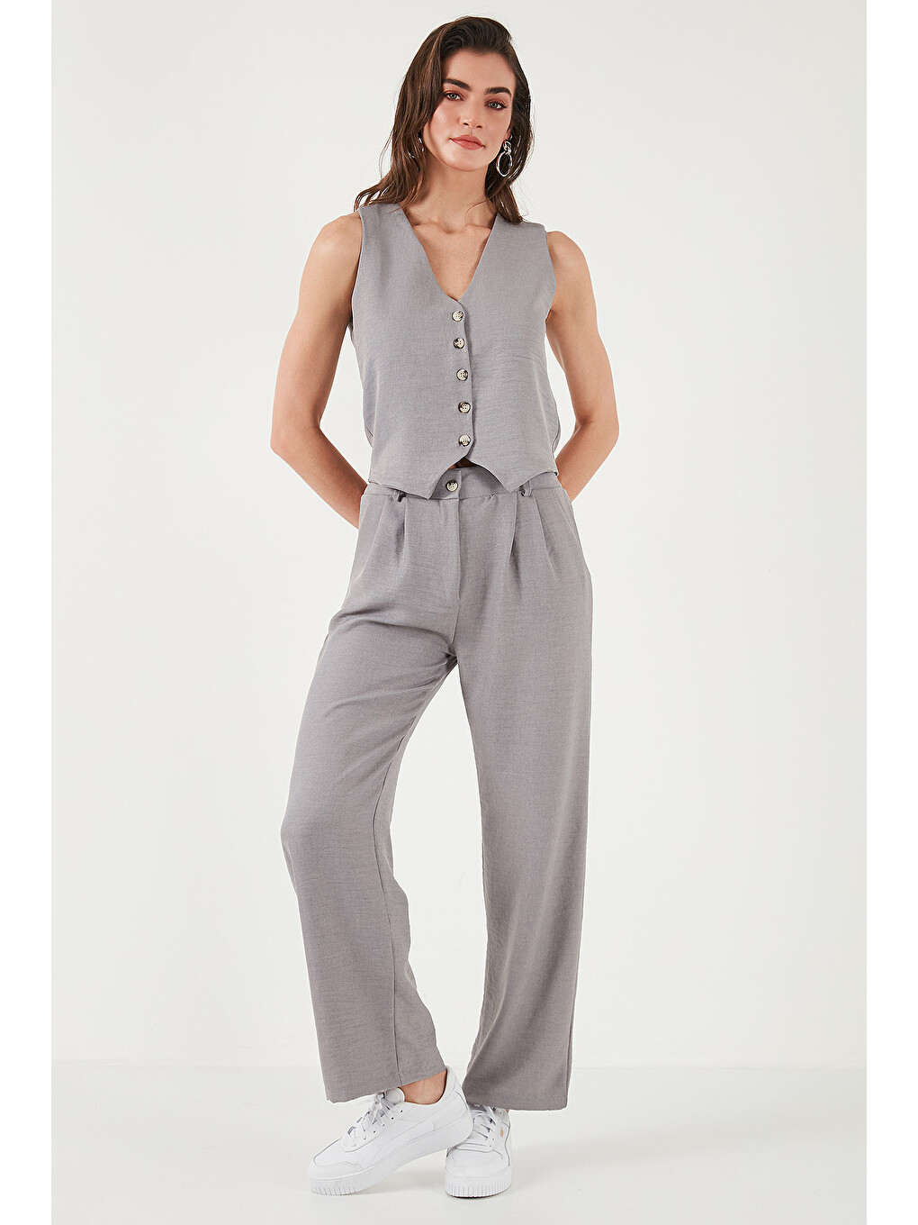 Gri Regular Fit Bol Paça Yelekli Takım 67045162s4-1