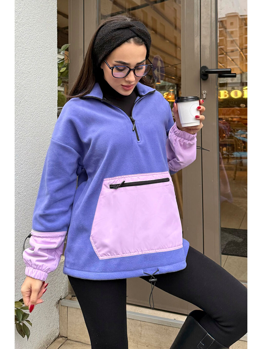 Mor Açık Eflatun Etek Ucu Büzgülü Yarım Fermuarlı Oversize Kadın Polar Sweatshirt - 97238-2