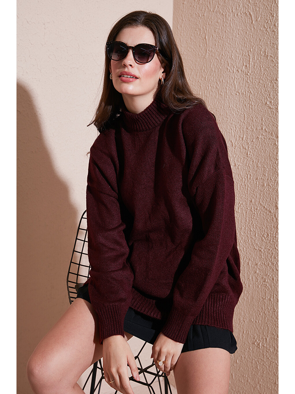 Bordo Premium Oversize Fit Balıkçı Yaka Yumuşak Dokulu Triko Kazak 680kz00469-1