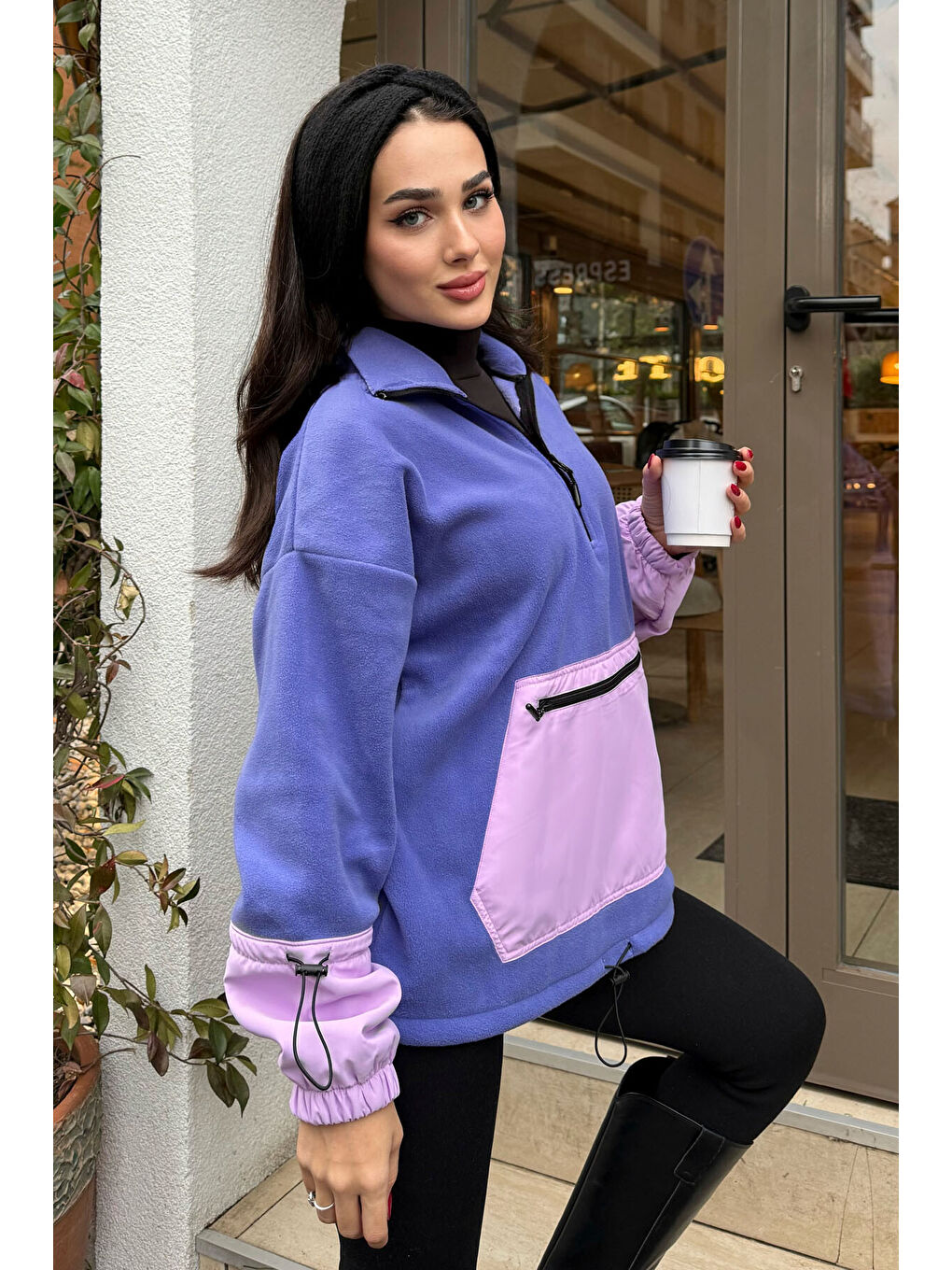Mor Açık Eflatun Etek Ucu Büzgülü Yarım Fermuarlı Oversize Kadın Polar Sweatshirt - 97238-4