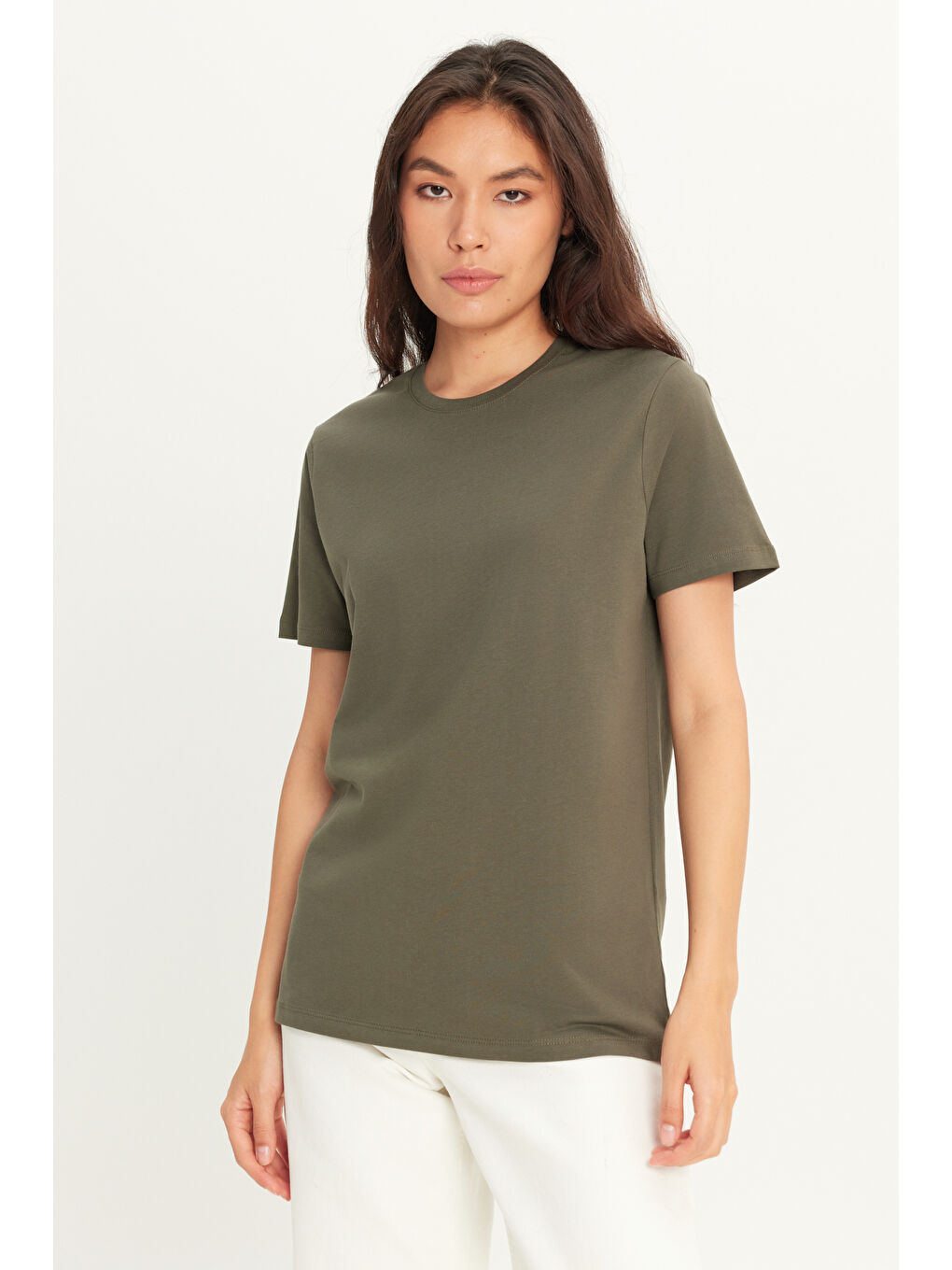 Erkek Haki Slim Fit Dar Kesim %100 Pamuk Bisiklet Yaka Kısa Kollu Tişört-7