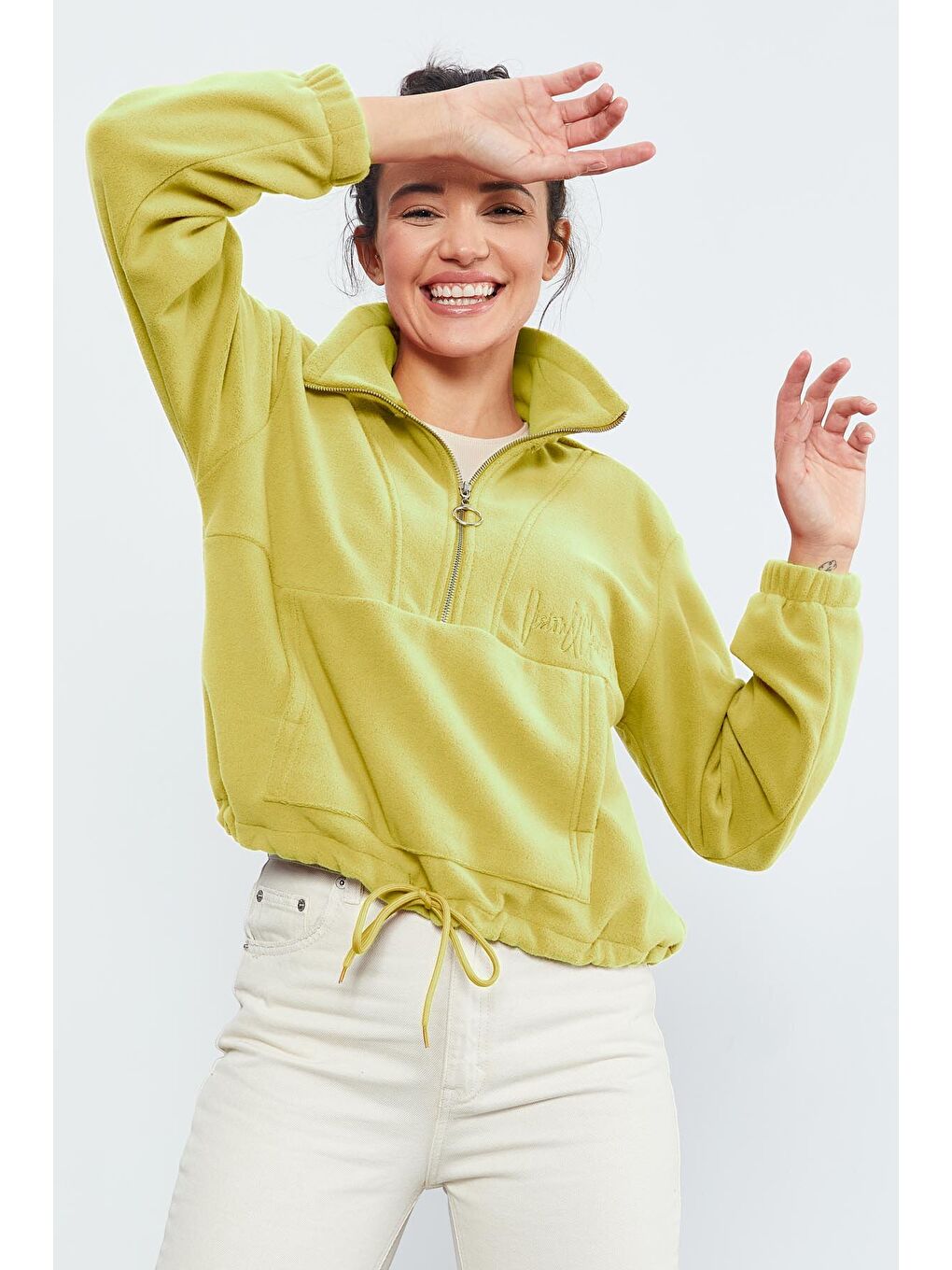 Sarı Limon Yarım Fermuar Etek Ucu Büzgülü Kadın Polar Oversize Sweatshirt - 97171