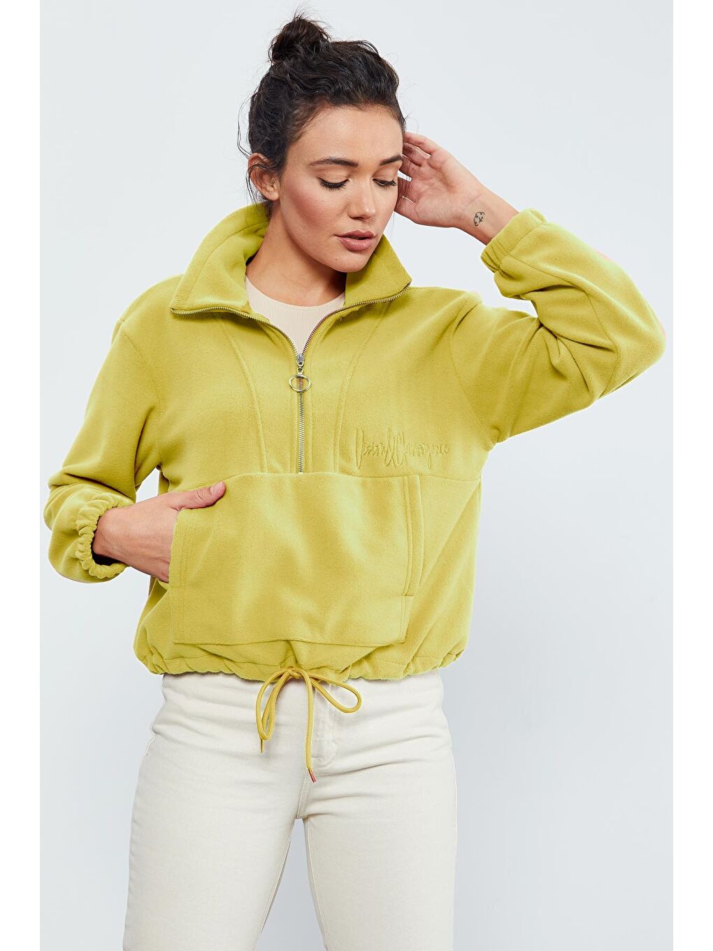 Sarı Limon Yarım Fermuar Etek Ucu Büzgülü Kadın Polar Oversize Sweatshirt - 97171-2