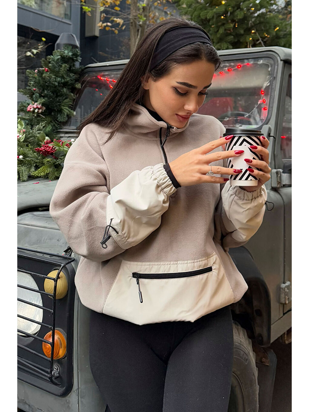 Koyu Bej Etek Ucu Büzgülü Yarım Fermuarlı Oversize Kadın Polar Sweatshirt - 97238-2