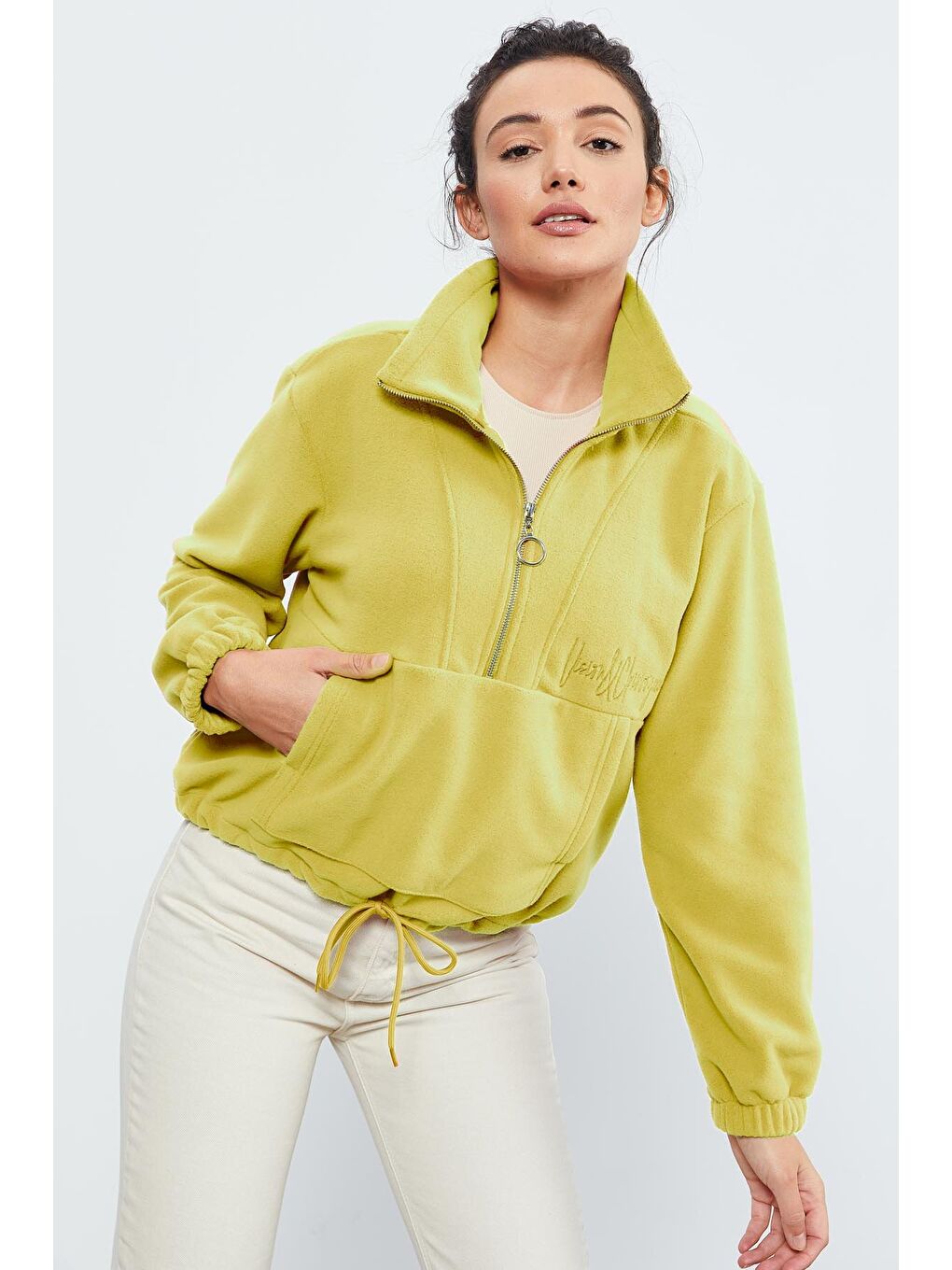Sarı Limon Yarım Fermuar Etek Ucu Büzgülü Kadın Polar Oversize Sweatshirt - 97171-3