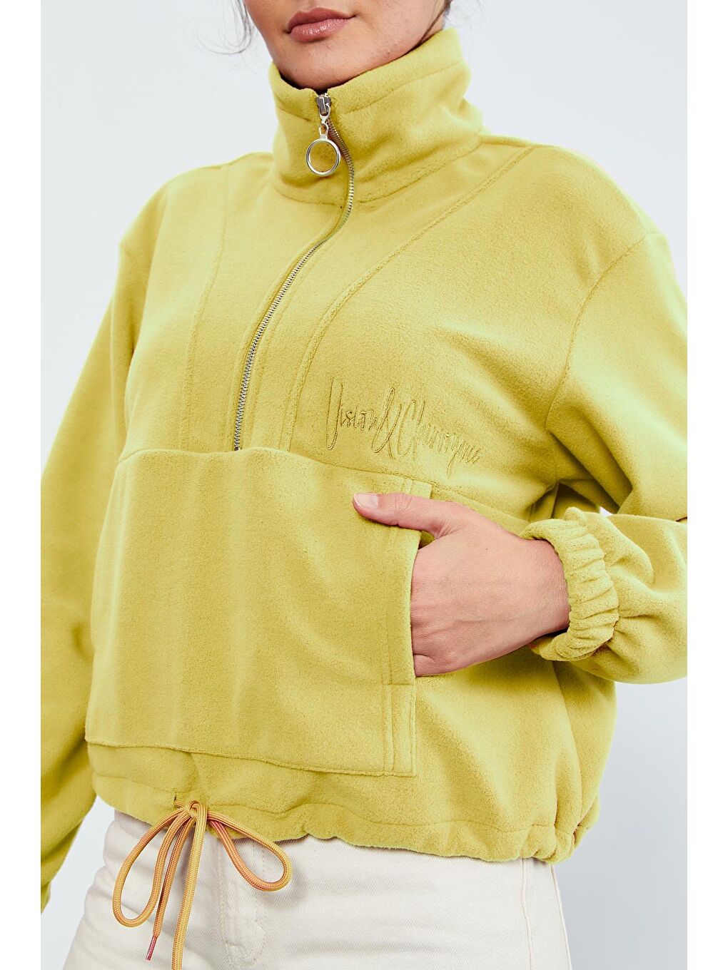 Sarı Limon Yarım Fermuar Etek Ucu Büzgülü Kadın Polar Oversize Sweatshirt - 97171-4