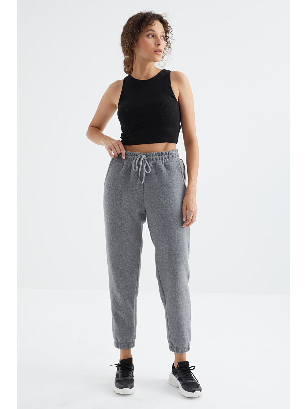 Gri Melanj Yüksek Bel Basic Bağcıklı Jogger Polar Kadın Eşofman Alt - 94622