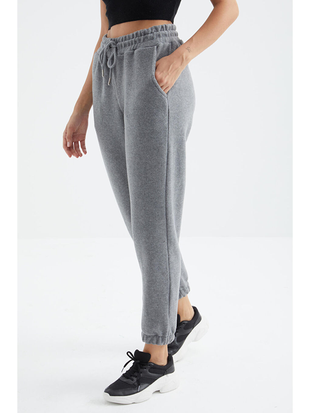 Gri Melanj Yüksek Bel Basic Bağcıklı Jogger Polar Kadın Eşofman Alt - 94622-1