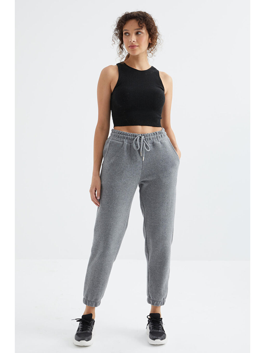 Gri Melanj Yüksek Bel Basic Bağcıklı Jogger Polar Kadın Eşofman Alt - 94622-2