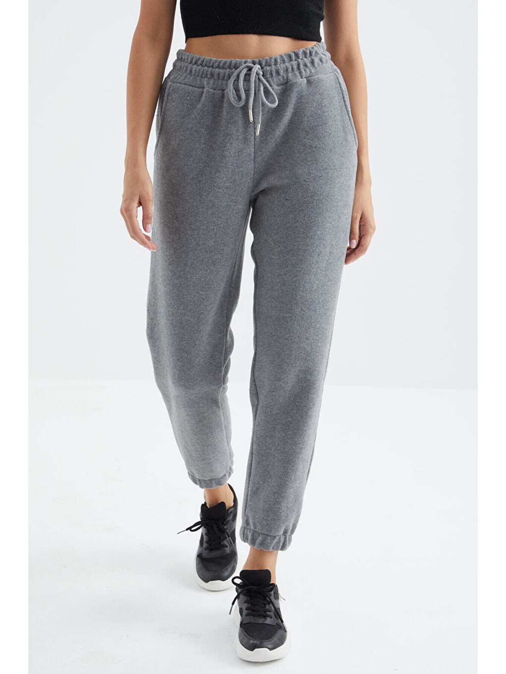 Gri Melanj Yüksek Bel Basic Bağcıklı Jogger Polar Kadın Eşofman Alt - 94622-3