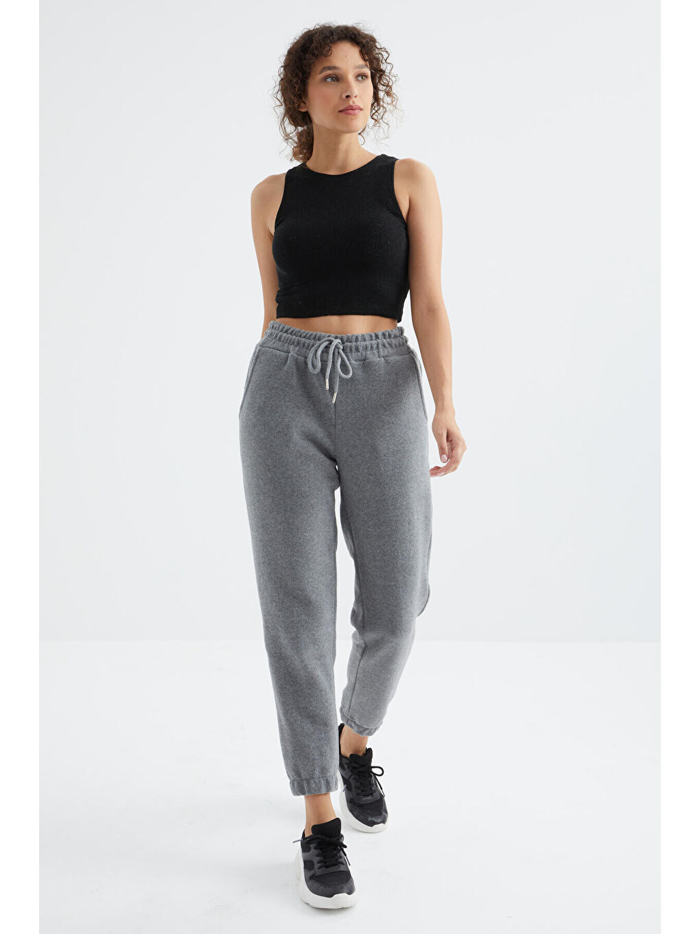 Gri Melanj Yüksek Bel Basic Bağcıklı Jogger Polar Kadın Eşofman Alt - 94622-4