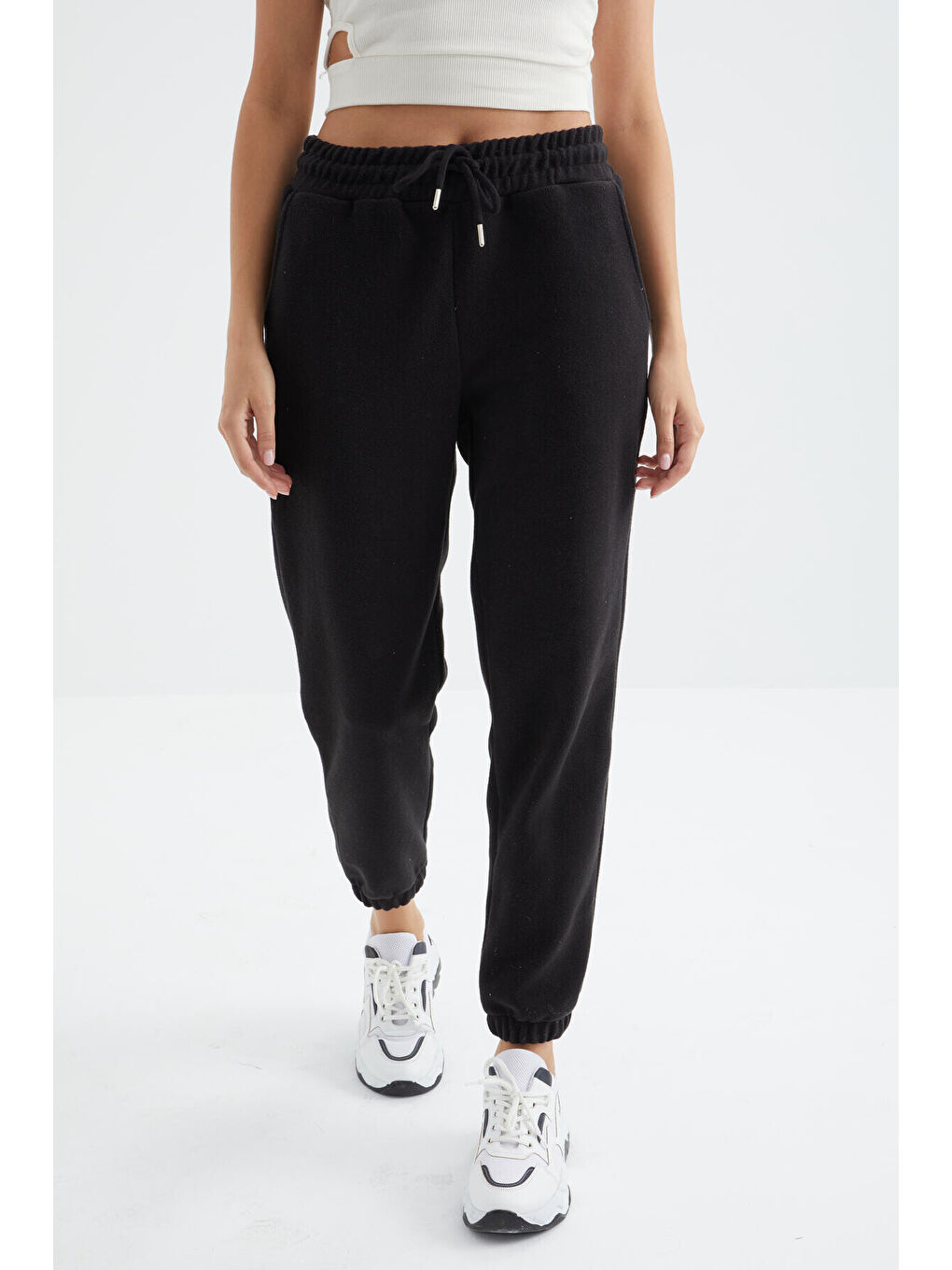 Siyah Yüksek Bel Basic Bağcıklı Jogger Polar Kadın Eşofman Alt - 94622-3