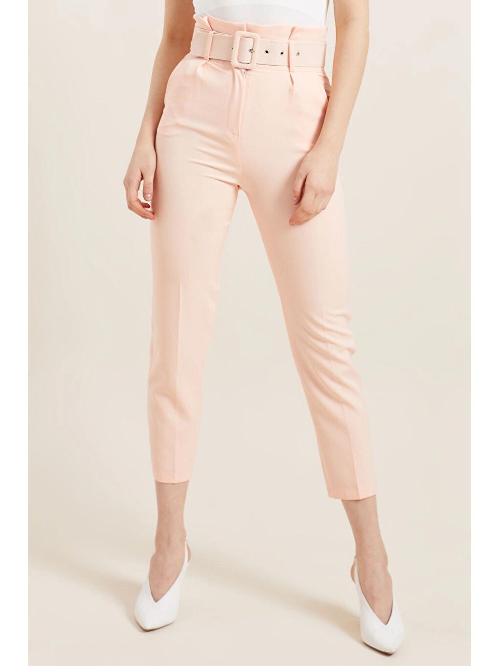 Pembe Somon Kemerli Yüksek Bel Kumaş Pantolon