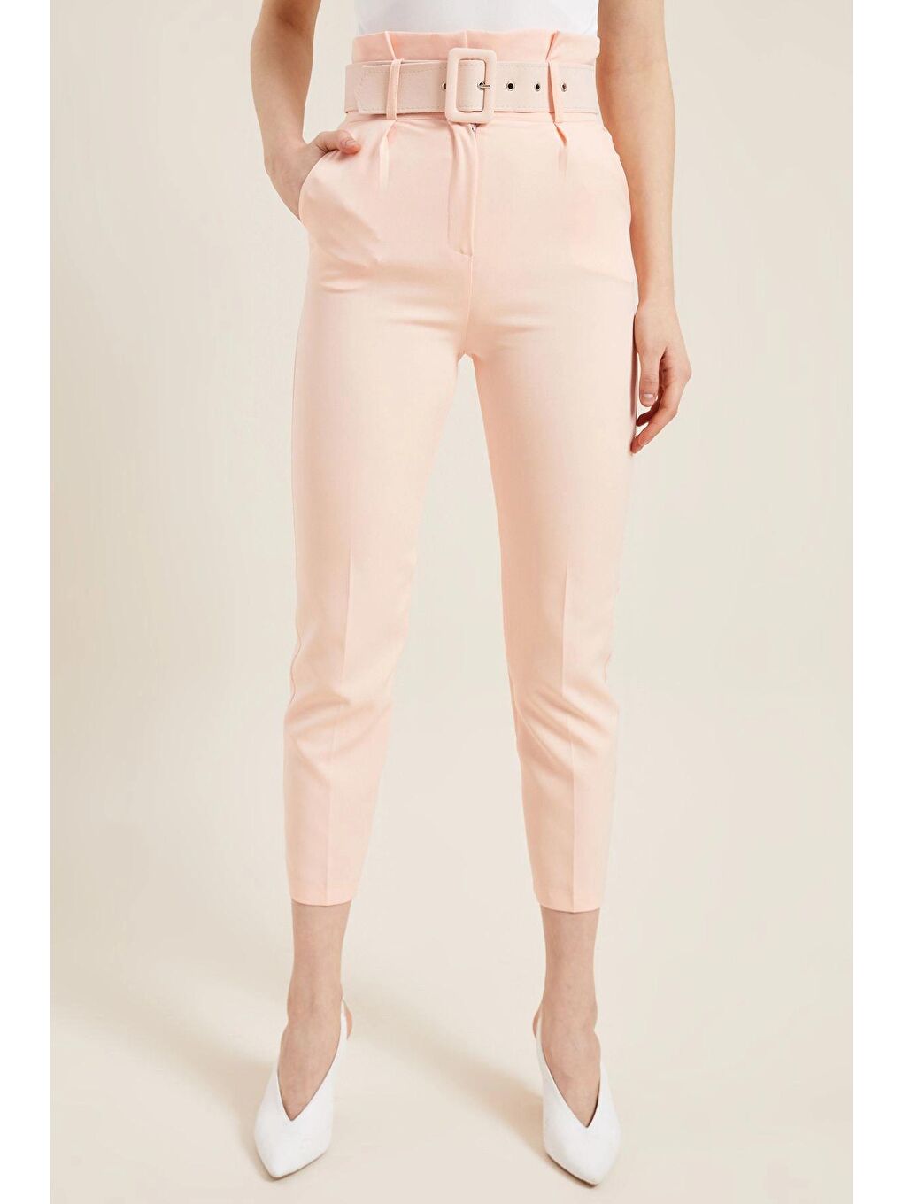 Pembe Somon Kemerli Yüksek Bel Kumaş Pantolon-1