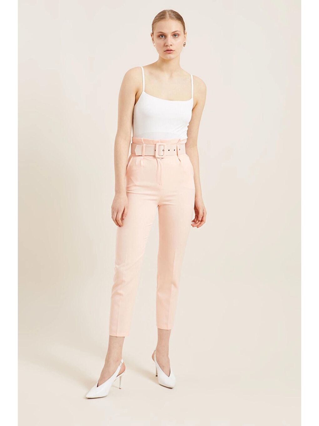 Pembe Somon Kemerli Yüksek Bel Kumaş Pantolon-2