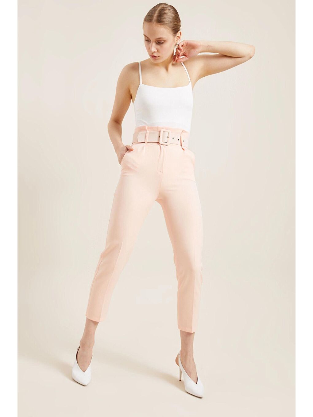 Pembe Somon Kemerli Yüksek Bel Kumaş Pantolon-3