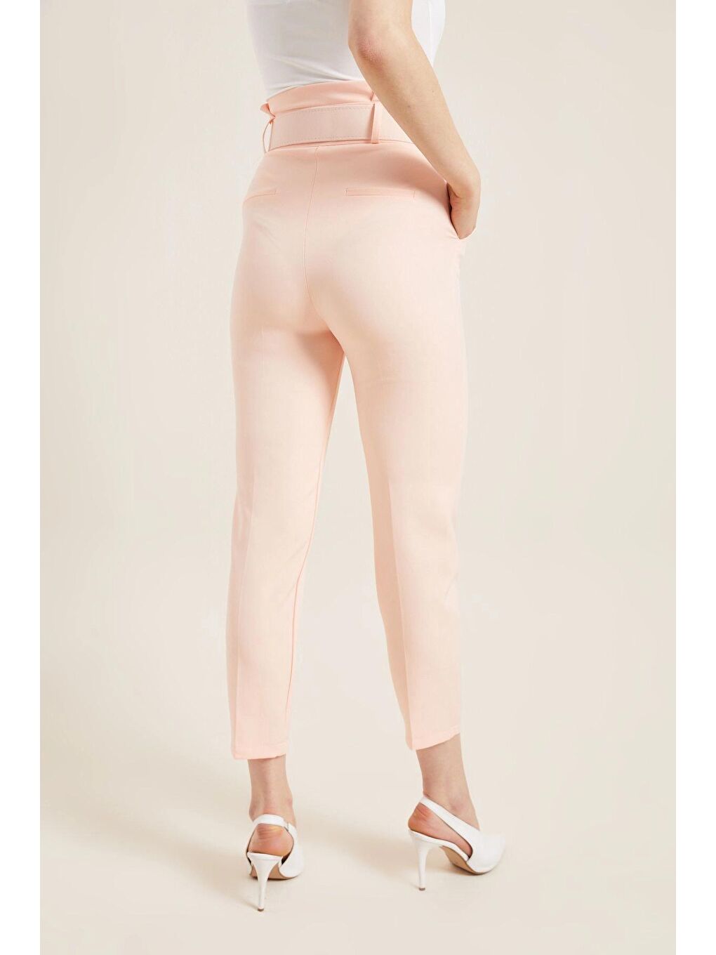 Pembe Somon Kemerli Yüksek Bel Kumaş Pantolon-4