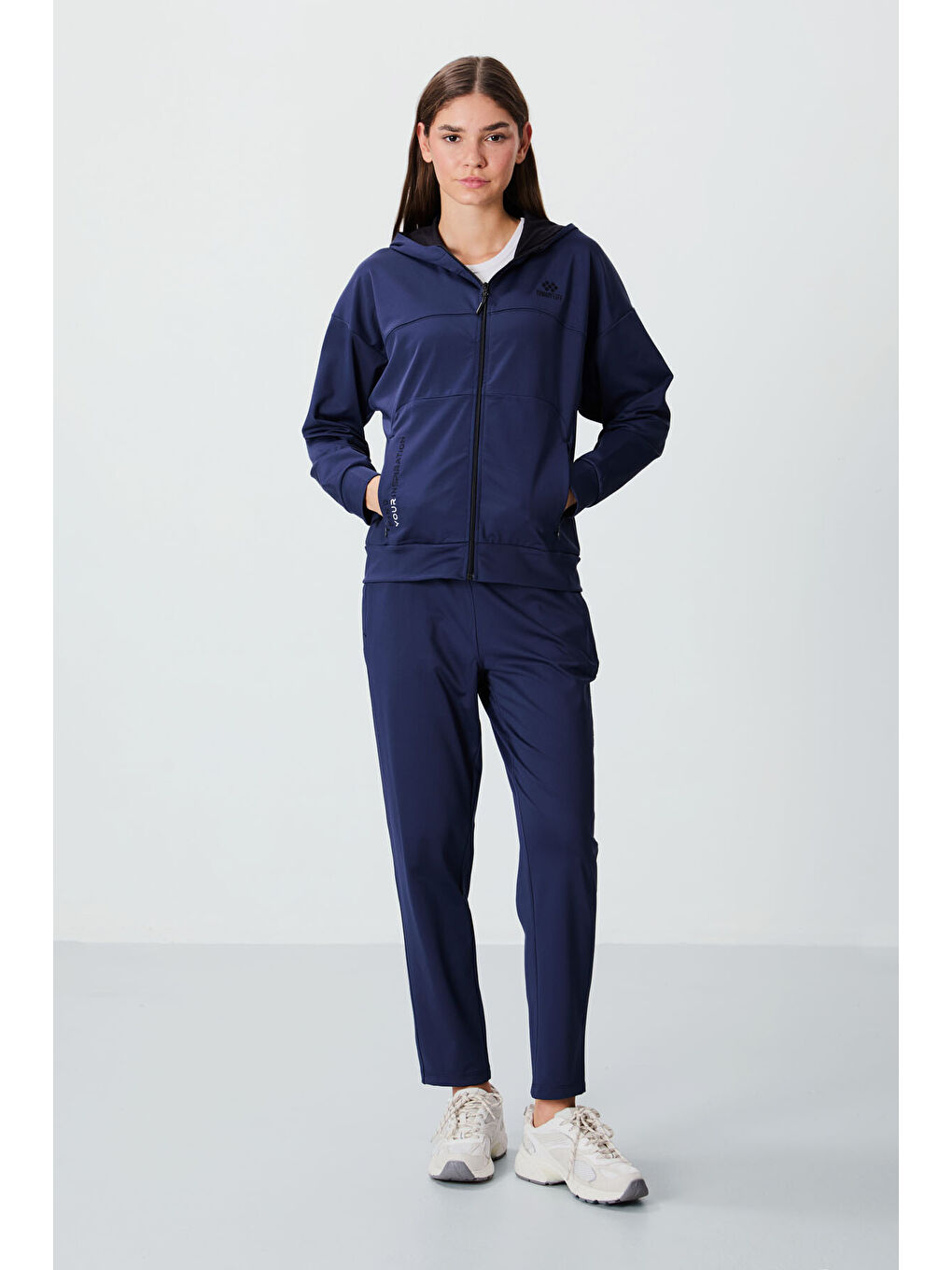 Lacivert İndigo Kapüşonlu Gizli Cep Detaylı Standart Kalıp Kadın Eşofman Takımı - 95306