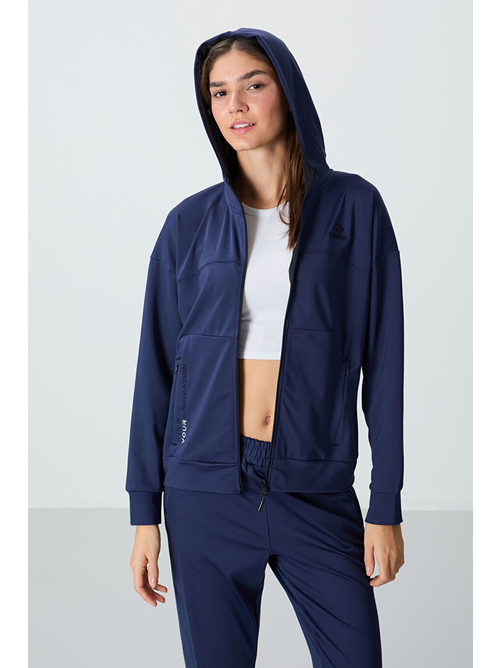 Lacivert İndigo Kapüşonlu Gizli Cep Detaylı Standart Kalıp Kadın Eşofman Takımı - 95306-1