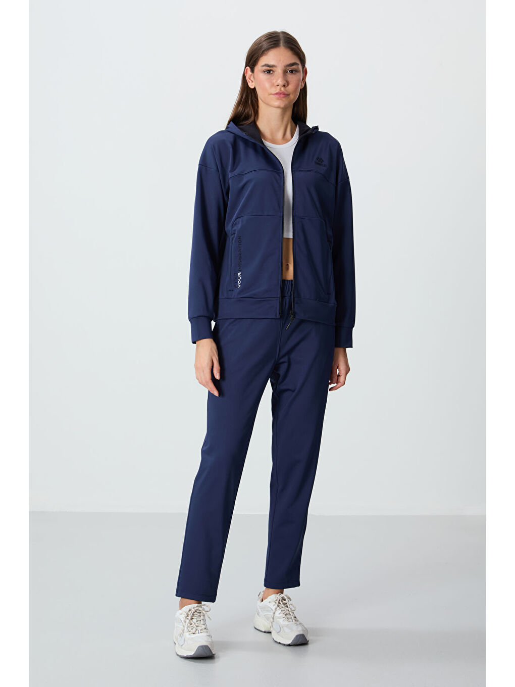 Lacivert İndigo Kapüşonlu Gizli Cep Detaylı Standart Kalıp Kadın Eşofman Takımı - 95306-4