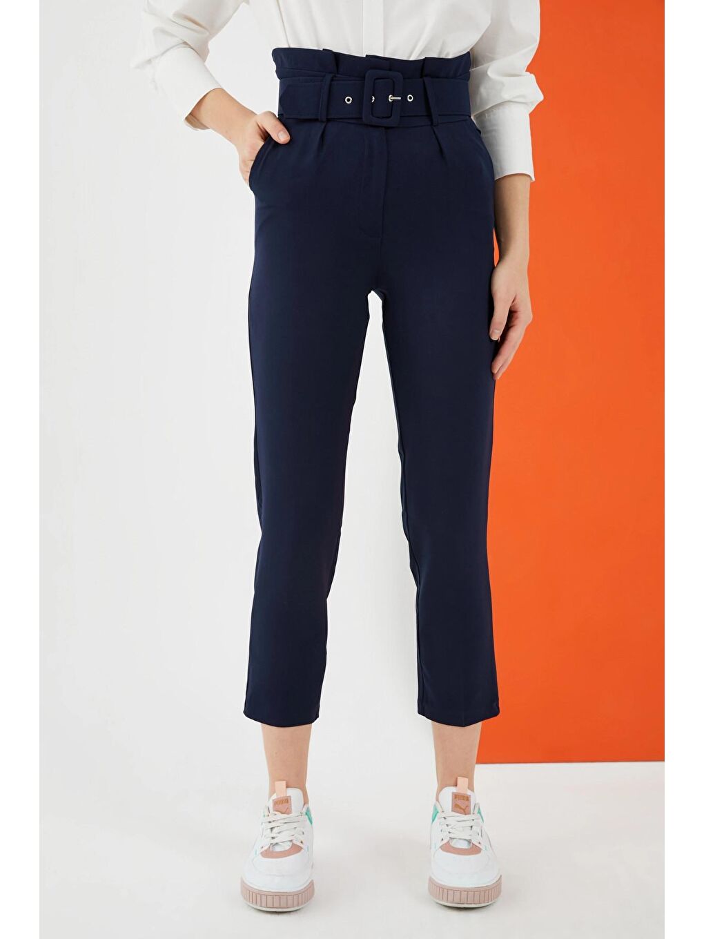 Lacivert Kemerli Yüksek Bel Kumaş Pantolon