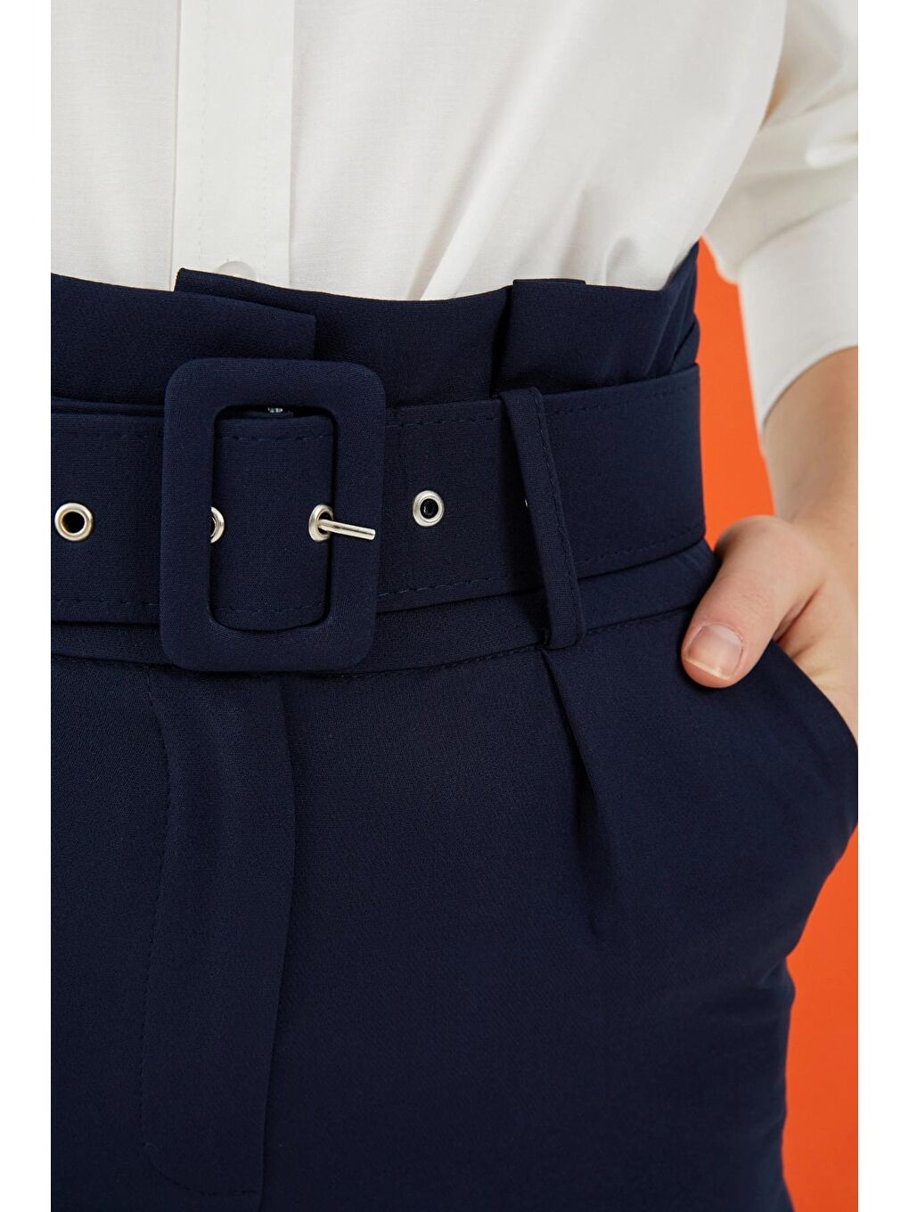 Lacivert Kemerli Yüksek Bel Kumaş Pantolon-1