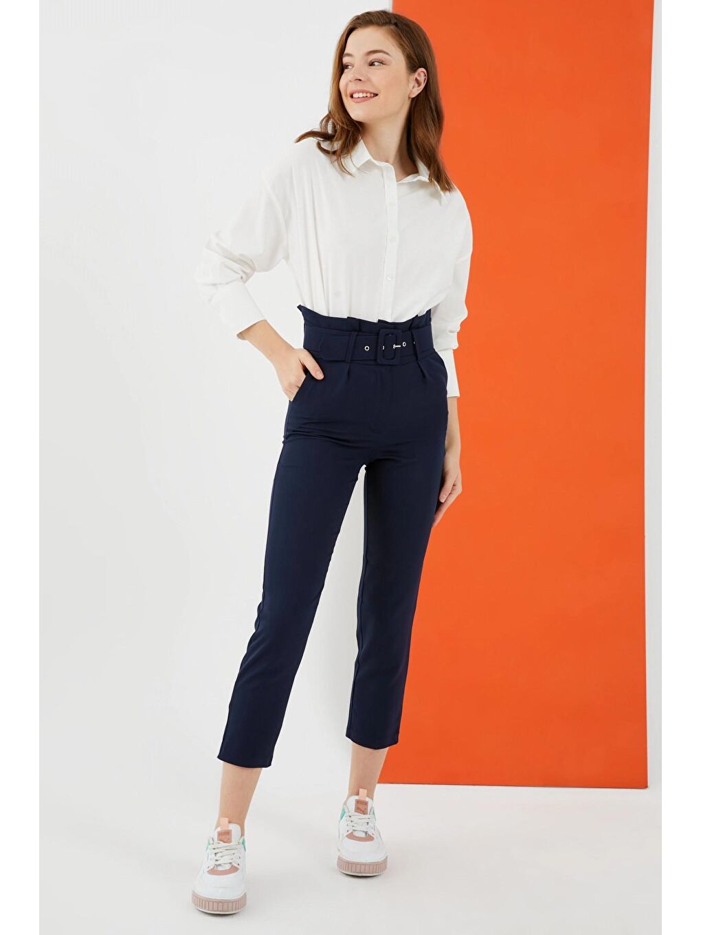 Lacivert Kemerli Yüksek Bel Kumaş Pantolon-2