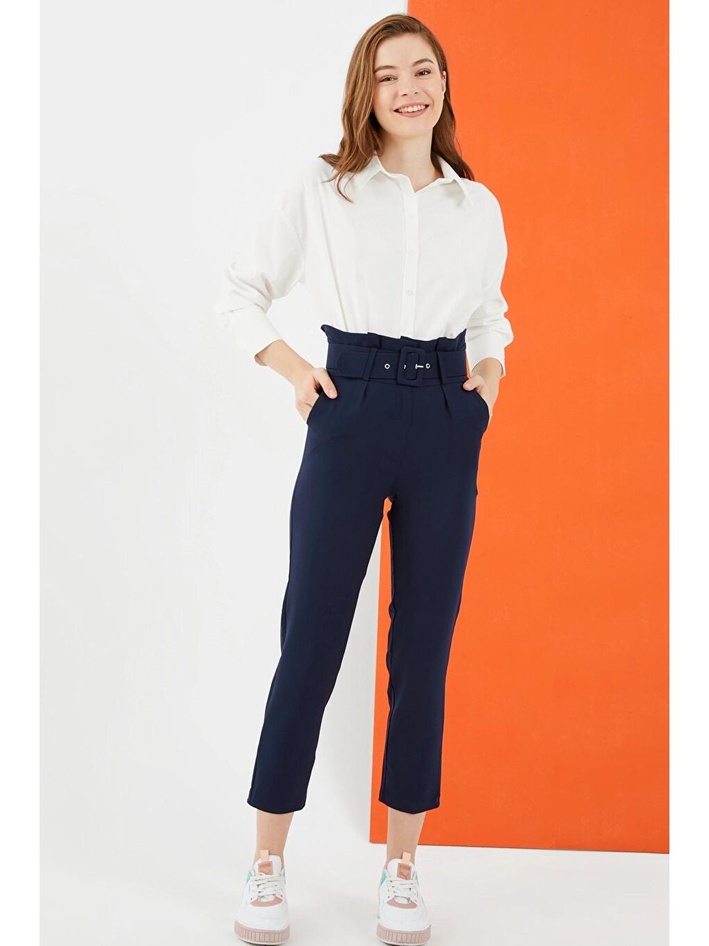 Lacivert Kemerli Yüksek Bel Kumaş Pantolon-3