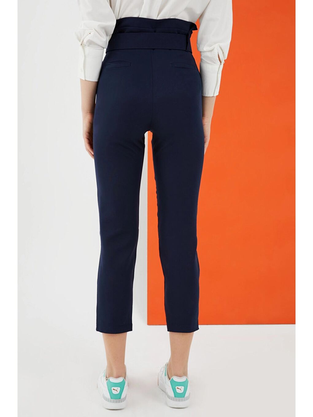 Lacivert Kemerli Yüksek Bel Kumaş Pantolon-4