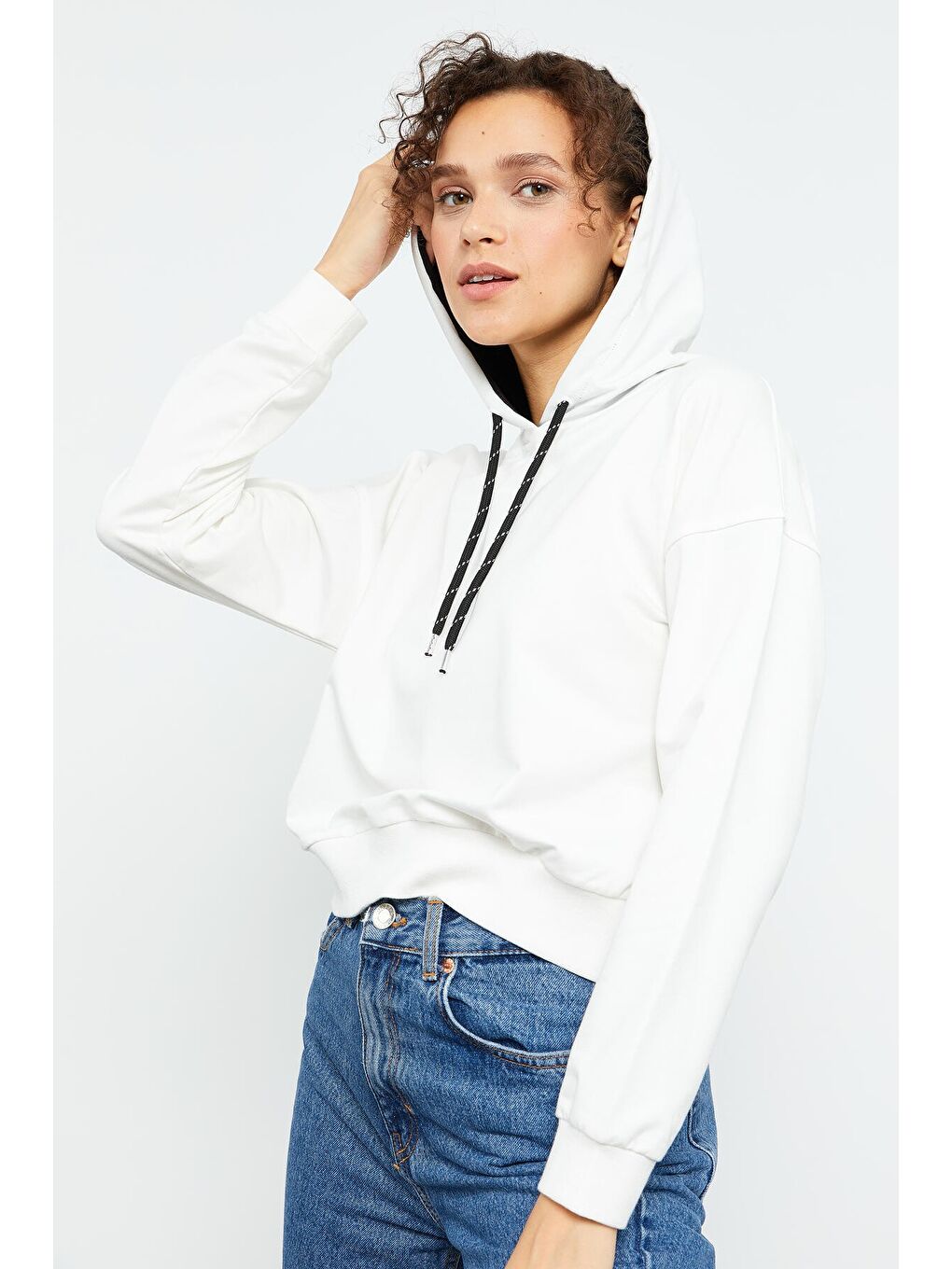 Ekru Uzun Kol Rahat Form Kapüşonlu Kadın Sweatshirt - 97115