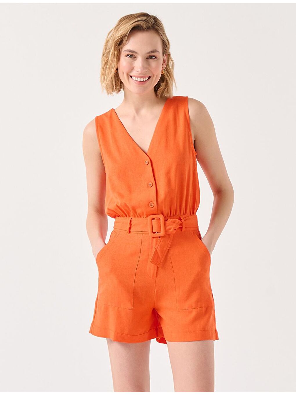 Turuncu V Yaka Kemer Detaylı Cepli Keten Tulum