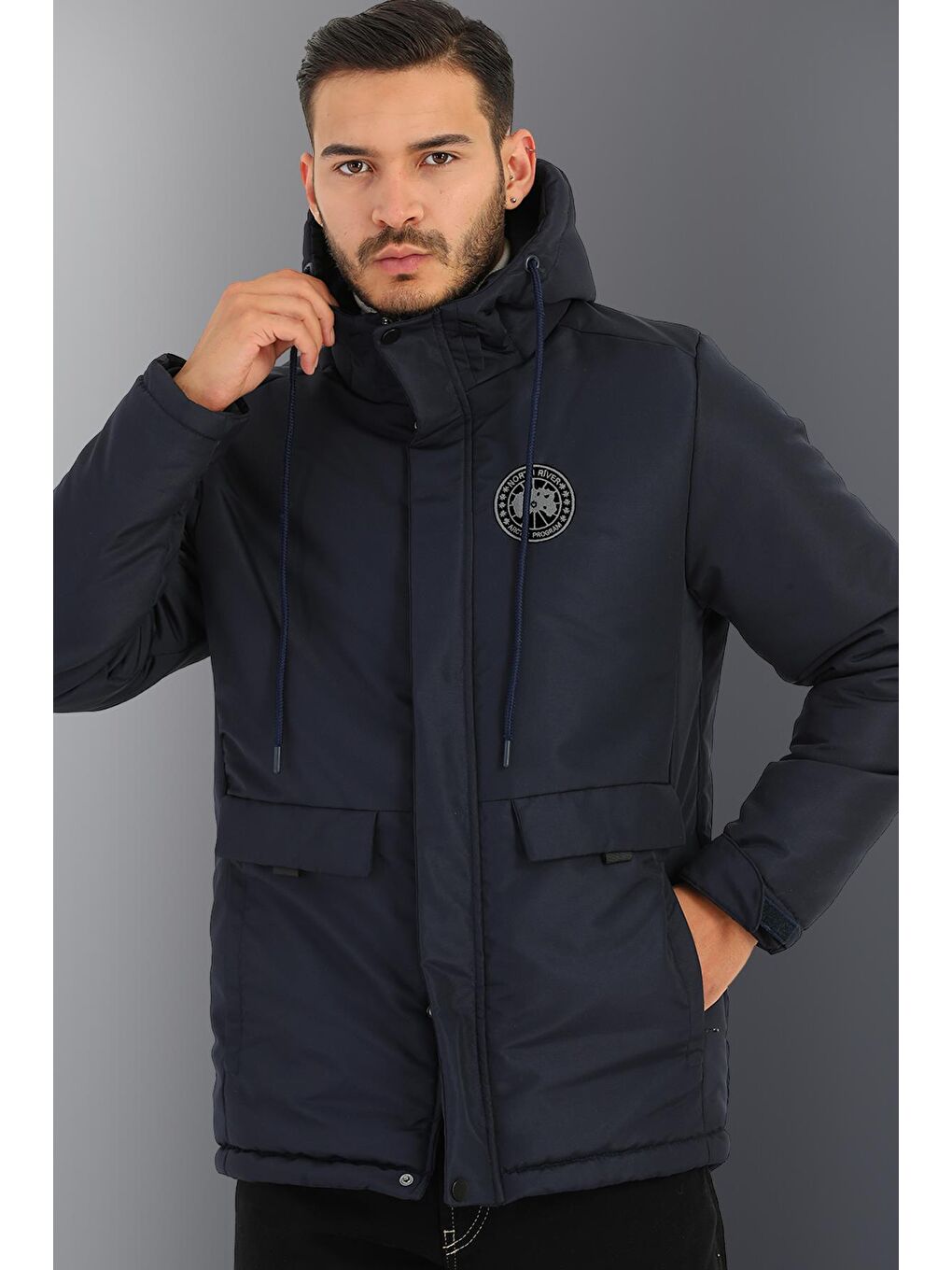 Lacivert Erkek Kapüşonlu Su Geçirmez İçi Kalın Astarlı Antrasit Mont&Kaban&Parka PA-500