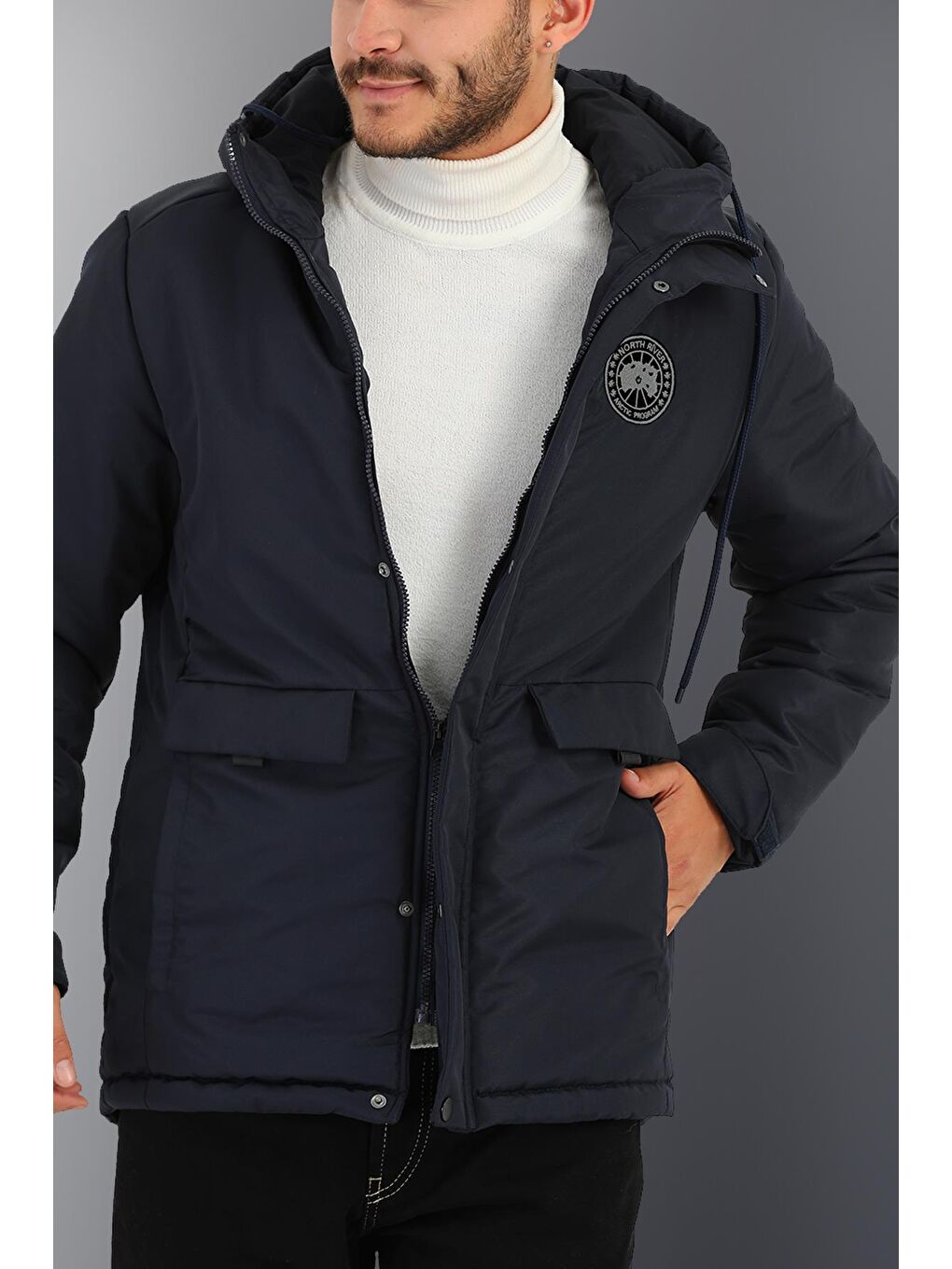 Lacivert Erkek Kapüşonlu Su Geçirmez İçi Kalın Astarlı Antrasit Mont&Kaban&Parka PA-500-1