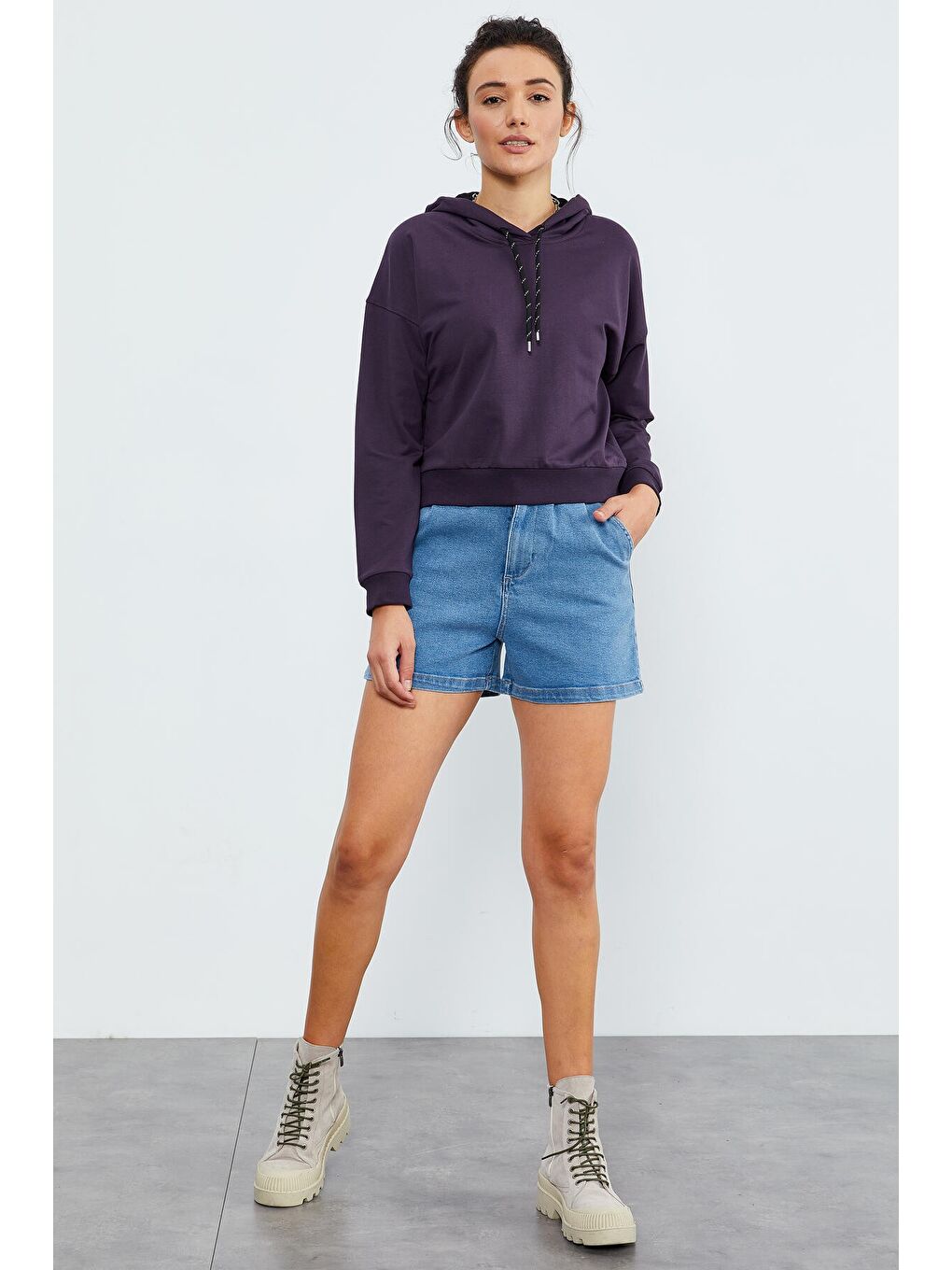 Mor Uzun Kol Rahat Form Kapüşonlu Kadın Sweatshirt - 97115-3