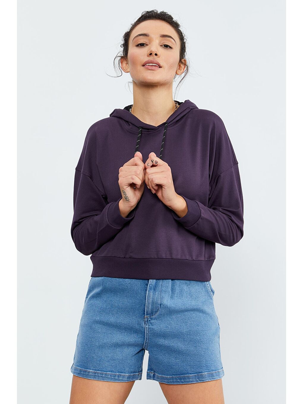 Mor Uzun Kol Rahat Form Kapüşonlu Kadın Sweatshirt - 97115-4